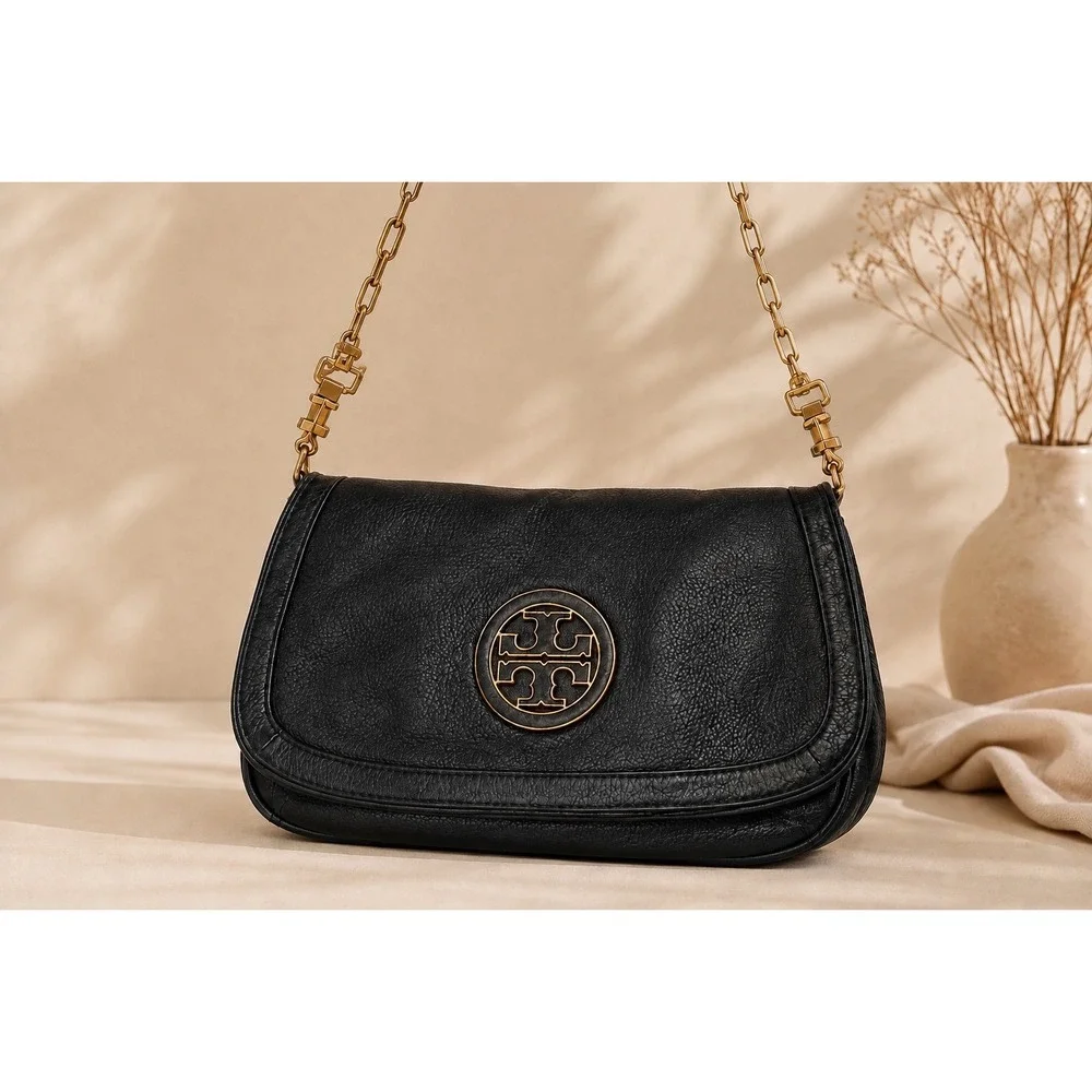 Tory Burch Reva Black Leather Foldover Crossbody Bag Purse Gold Quiet Luxury‎